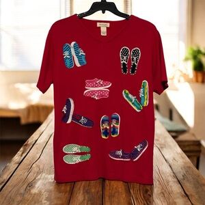 Bechamel Red Short Sleeve T shirt with Colorful Shoe Print